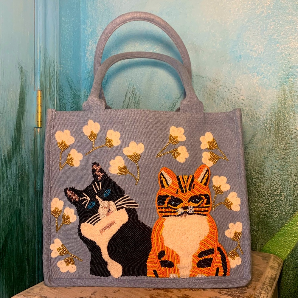 Beaded Cat Purse by America & Beyond Handles and Adjustable Shoulder Strap